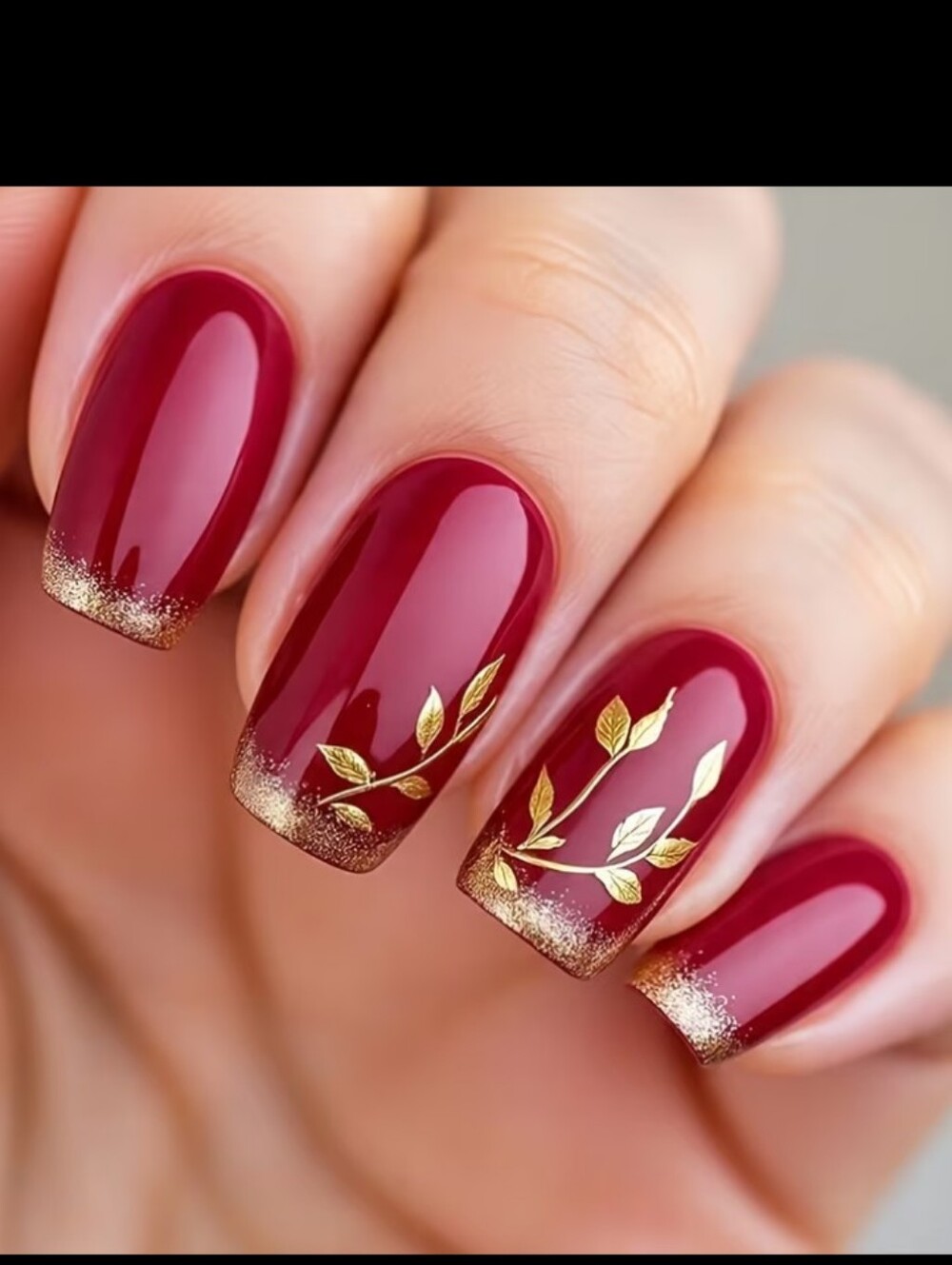 🔥3/$21 Elegant Burgundy Red Press On Nails with Gold Leaf Accents
